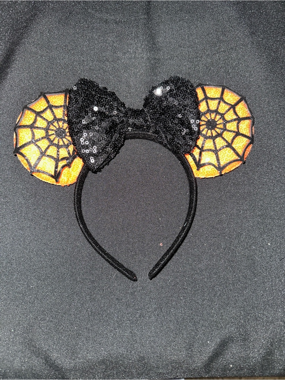 Halloween Black and Orange Spiderweb Sequin Minnie Ears Headband - Kids Costume